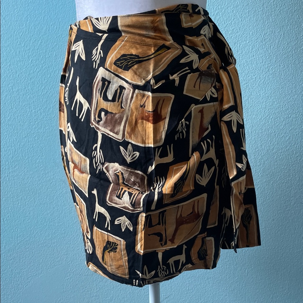 Black and Tan Mini Wrap Skirt with Graphic Motif